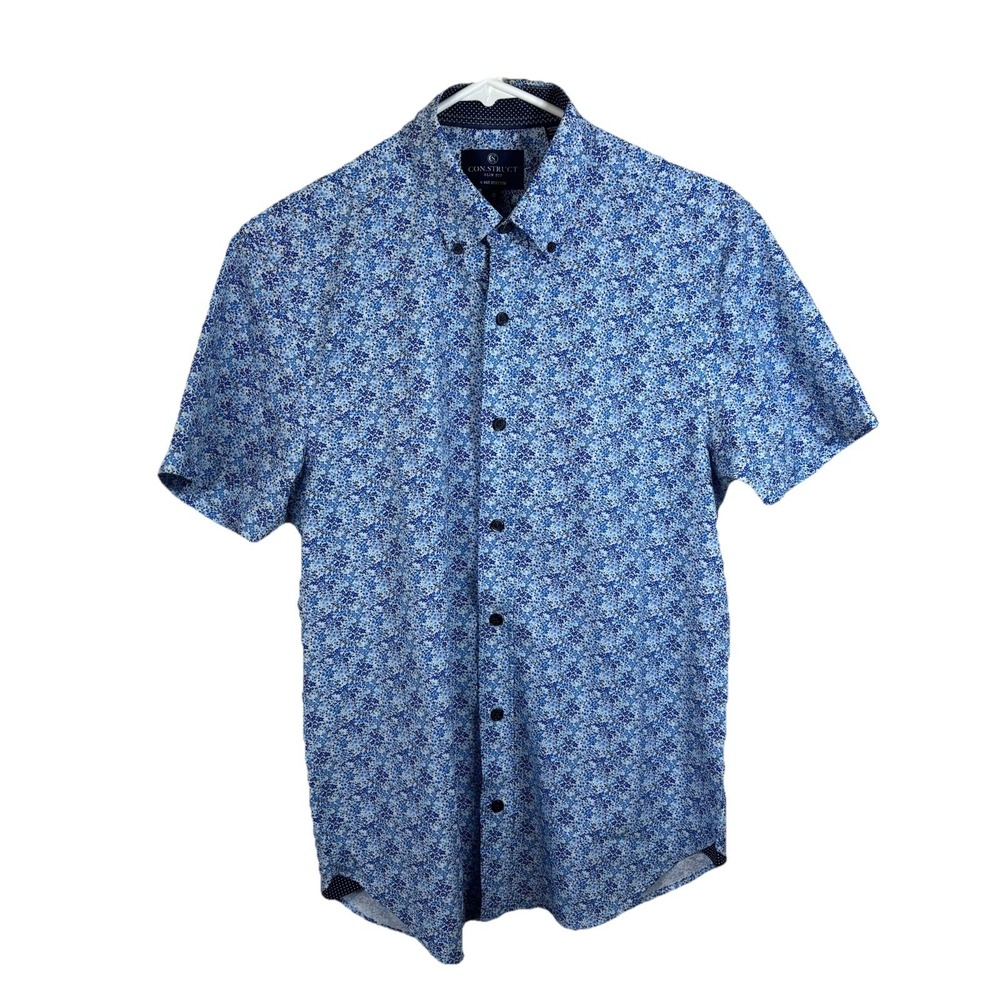 CON.STRUCT Slim Fit Floral Button-Down Shirt S Blue Short Sleeve Woven Casual